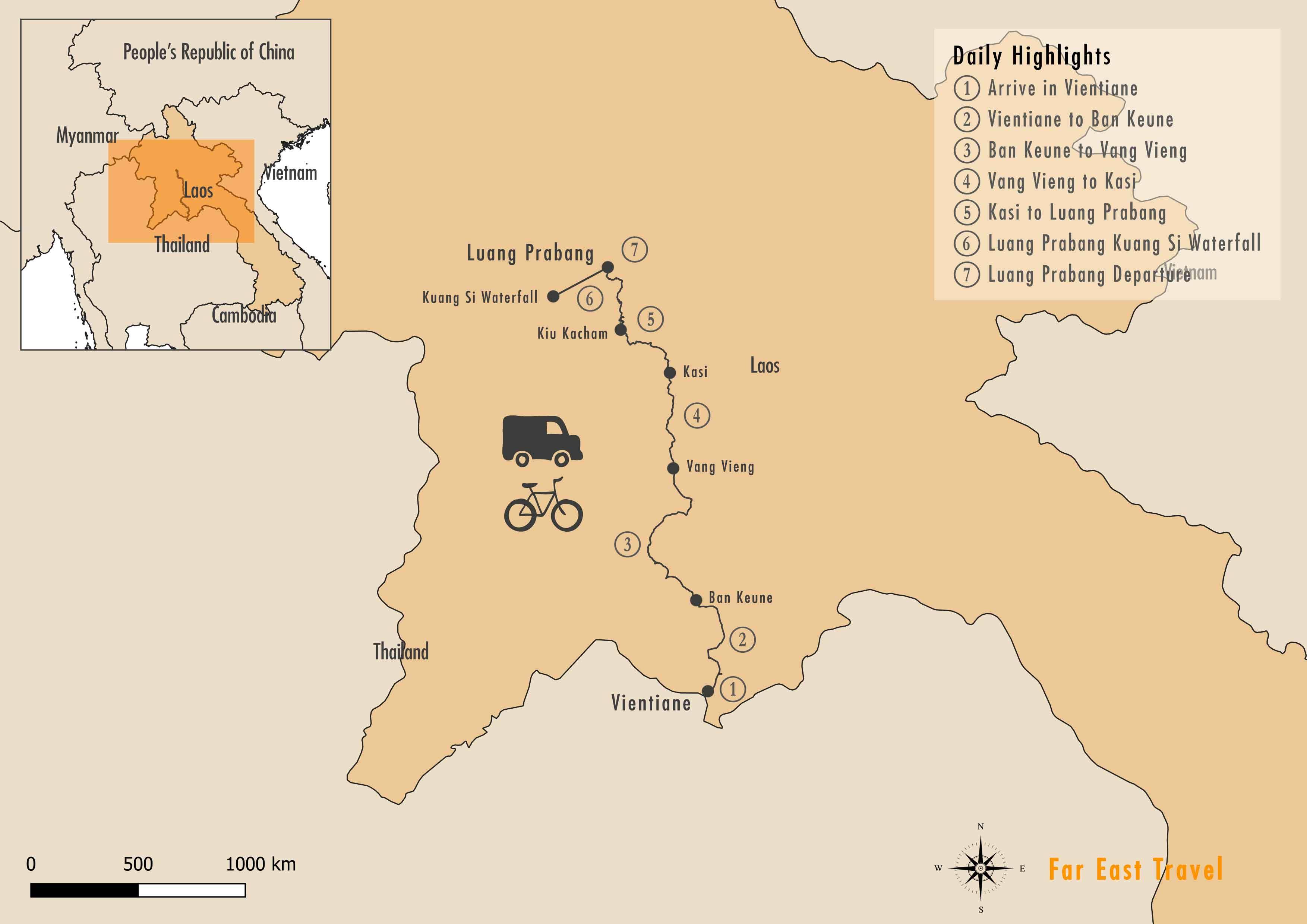 Map of Cycling Vientiane to Luang Prabang 7 days tour